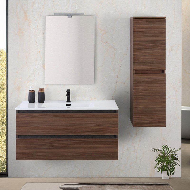 Mobile bagno sospeso 100 cm ossido e noce  con cassetti soft-close Kleo