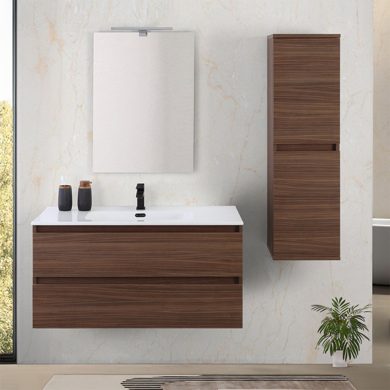 Mobile bagno sospeso 100 cm noce canaletto con cassetti soft-close Kleo