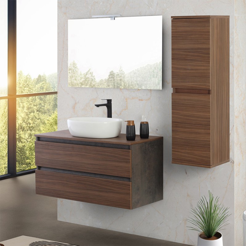 Mobile bagno sospeso 100 cm ossido e noce con top lavabo e specchio Kleo