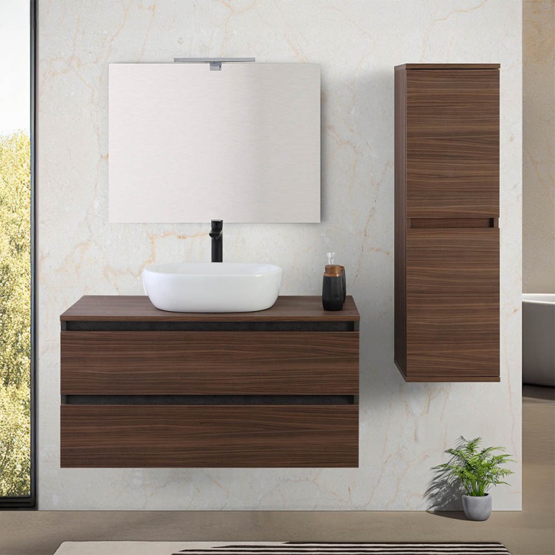 Mobile bagno sospeso 100 cm ossido e noce con top lavabo e specchio Kleo