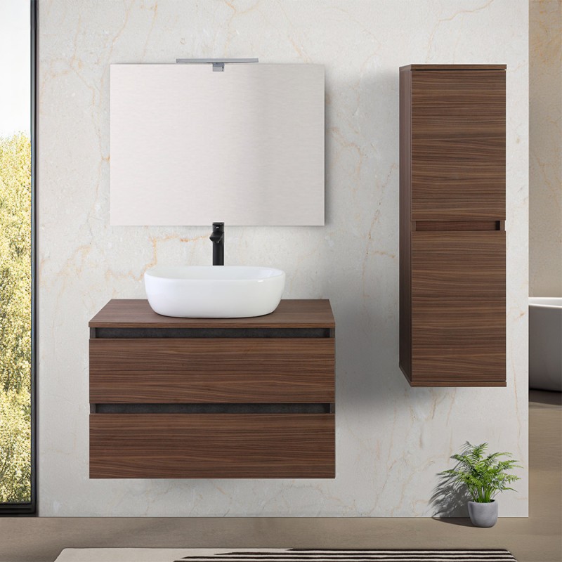 Mobile bagno sospeso 80 cm ossido e noce con top lavabo e specchio Kleo