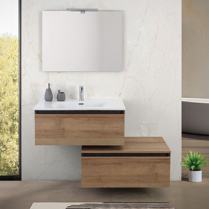 Mobile bagno sospeso 80 cm ossido e rovere con cassetto sfalsato Kleo