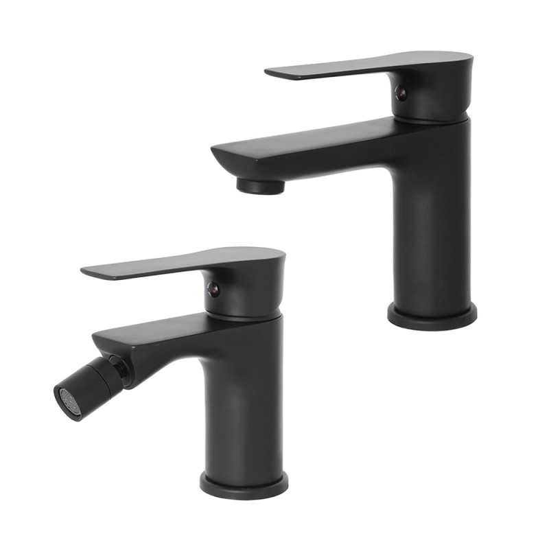 Set miscelatori lavabo e bidet Flat nero opaco con piletta click clack