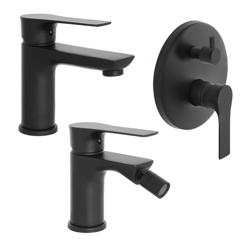 Set miscelatori lavabo bidet e doccia con deviatore Flat nero opaco