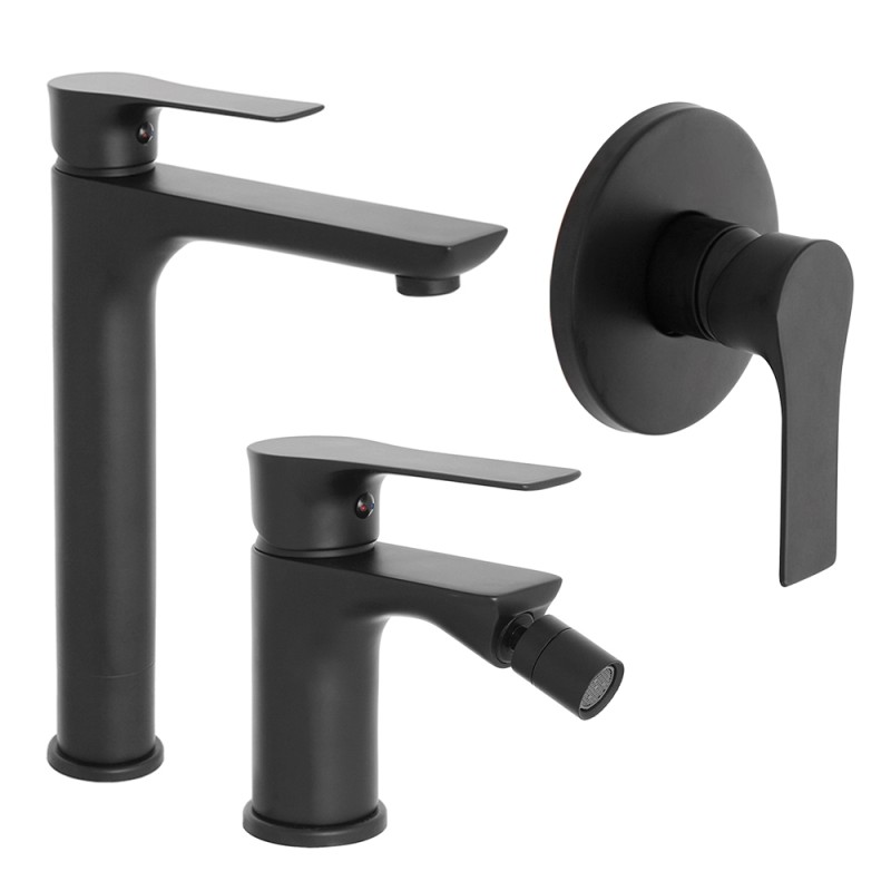 Set miscelatori lavabo alto bidet e doccia Flat nero opaco con piletta