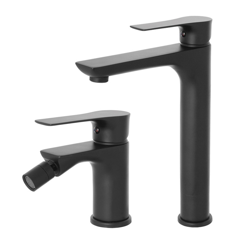 Set miscelatori lavabo alto e bidet Flat nero opaco con piletta 