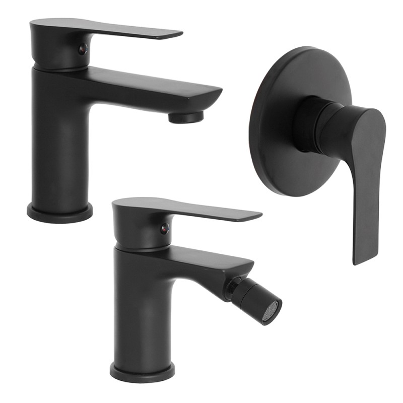 Set miscelatori lavabo bidet e doccia Flat nero opaco con piletta