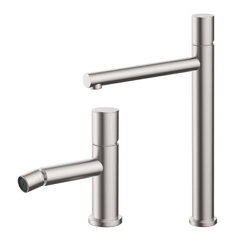 Set miscelatori lavabo alto e bidet satinato senza leva in acciaio inox Gemini