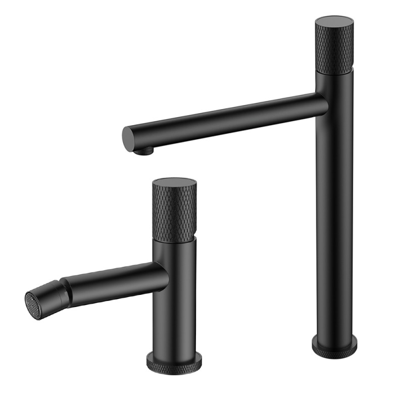 Set miscelatori lavabo alto e bidet nero opaco con leva zigrinata Gemini