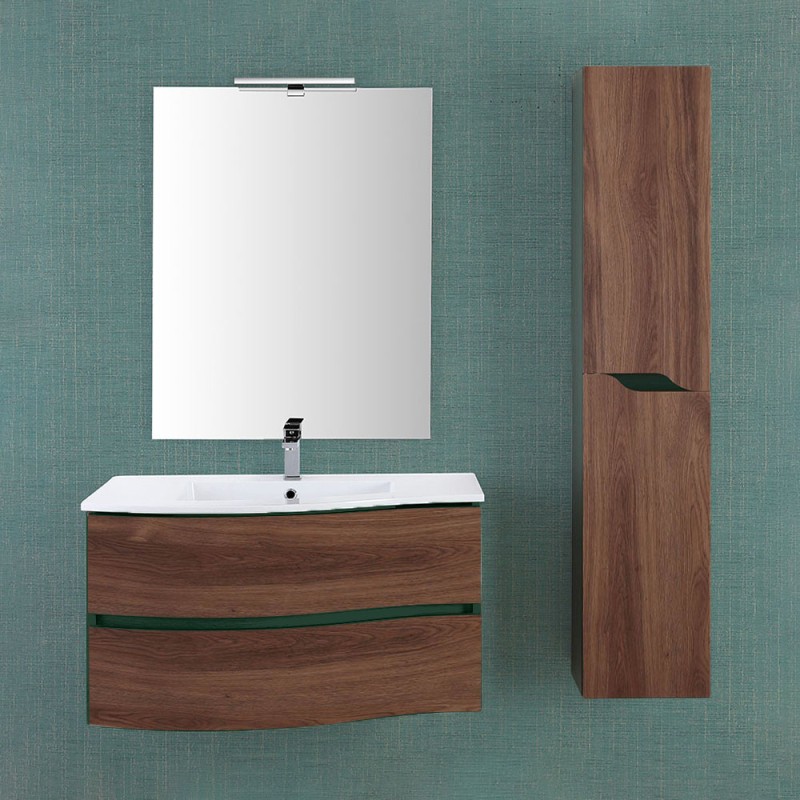 Mobile bagno sospeso curvo 90 cm Minori noce canaletto con pensile