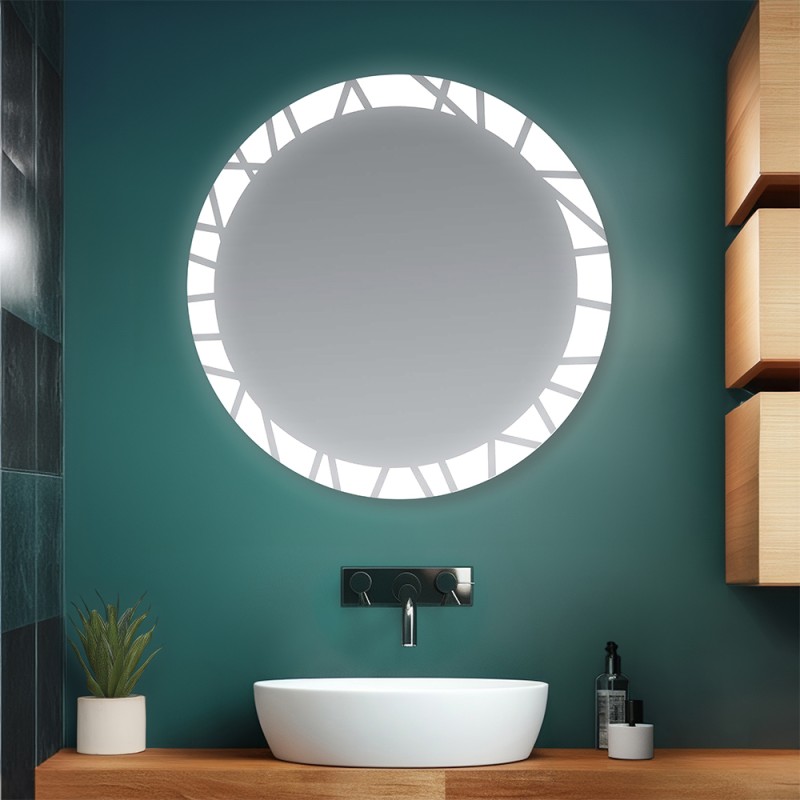 Specchio bagno tondo 80 cm con cornice LED retroilluminata e decorata