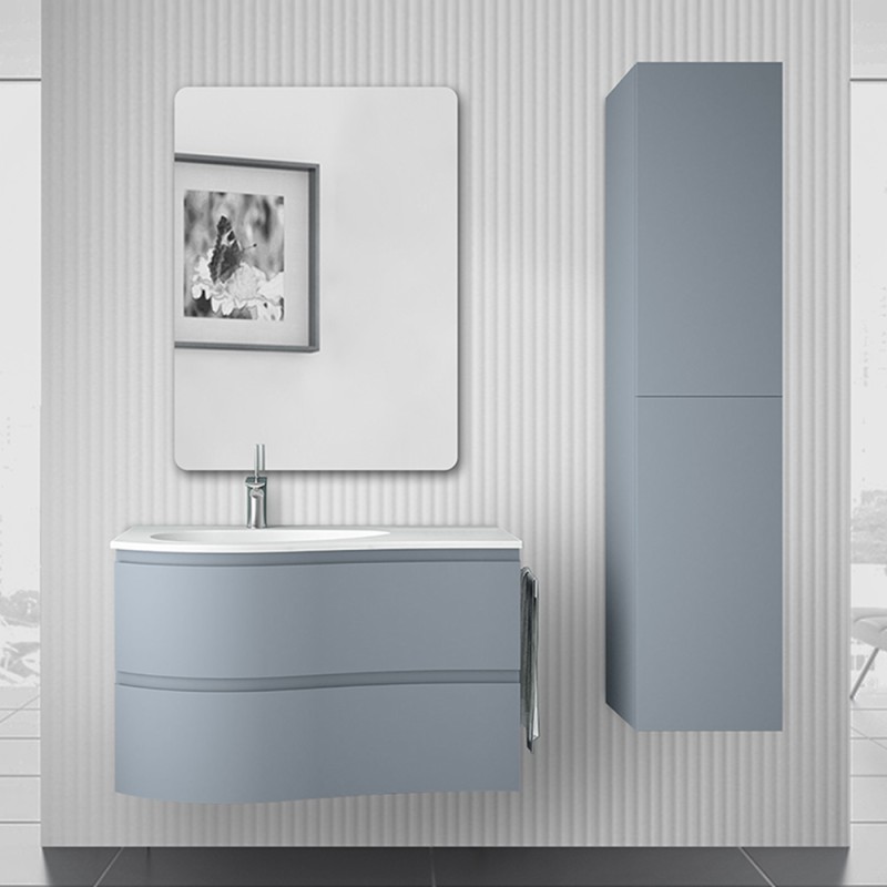 Mobile bagno sospeso 90 cm Melody azzurro polvere con vasca a sinistra