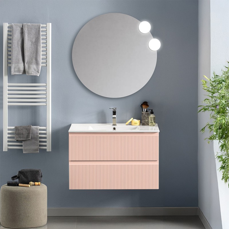 Mobile bagno sospeso 100 cm rosa opaco con frontale cannettato Giava