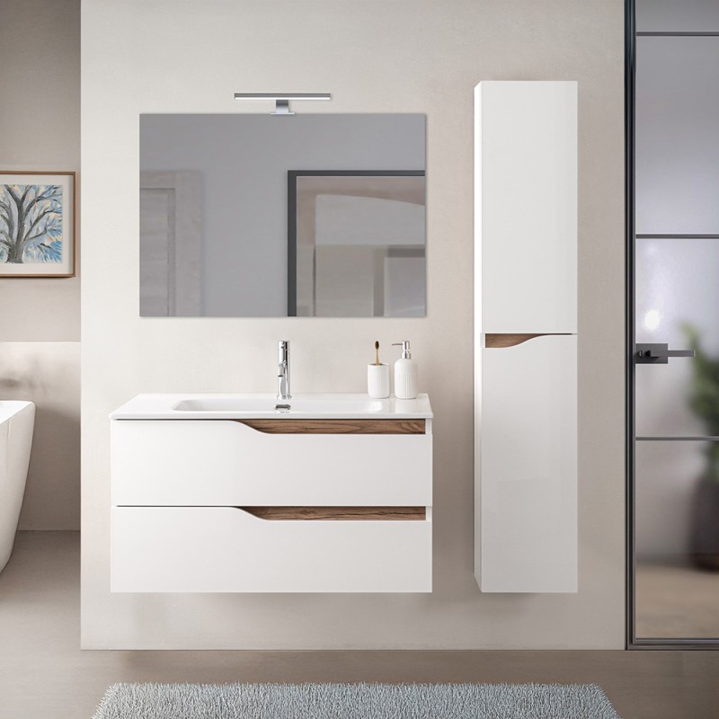 Set mobili bagno sospesi 100cm in legno mdf bianco e quercia Sumya