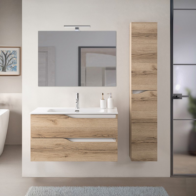 Composizione bagno sospesa 100cm in legno mdf quercia e bianco Sumya