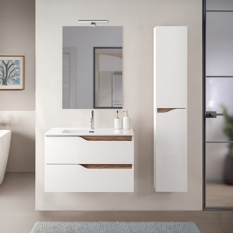 Set mobili bagno sospesi 80cm in legno mdf bianco e quercia Sumya