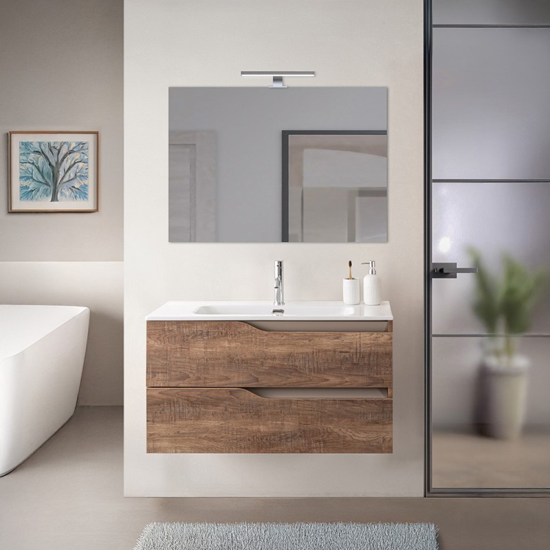 Mobile bagno sospeso 100cm tabacco e tortora con lavabo e specchio Sumya