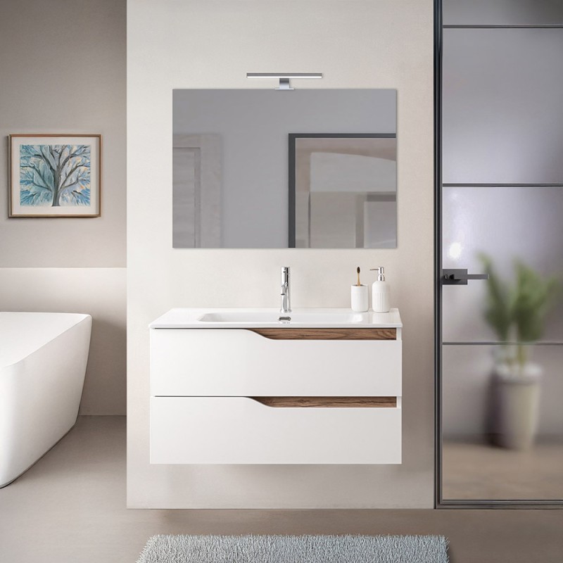 Mobile bagno sospeso 100 cm bianco e quercia con lavabo e specchio Sumya