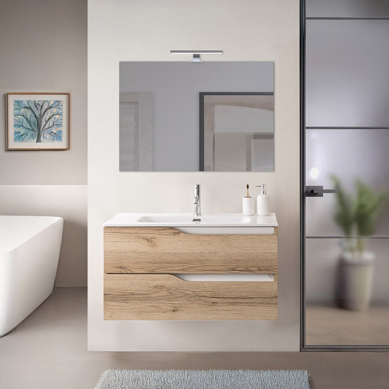 Mobile bagno sospeso 100cm quercia e bianco con lavabo e specchio Sumya