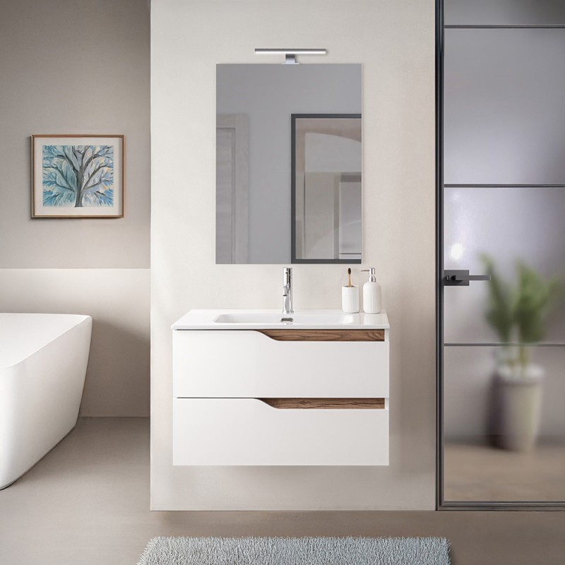 Mobile bagno sospeso 80 cm bianco e quercia con lavabo e specchio Sumya