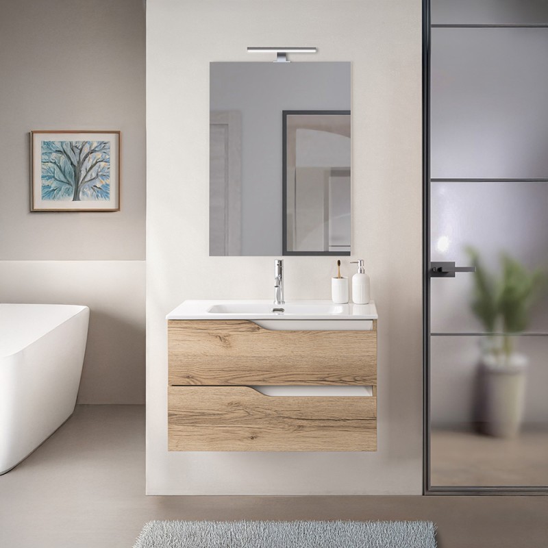 Mobile bagno sospeso 80cm quercia e bianco con lavabo e specchio Sumya