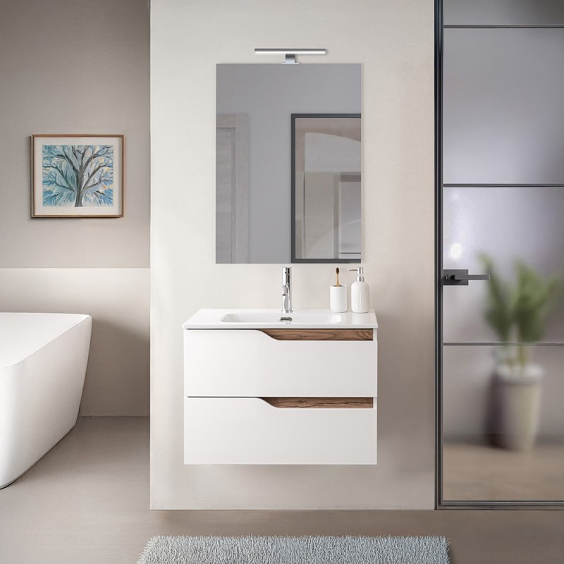 Mobile bagno sospeso 60 cm bianco e quercia con top e specchio Sumya