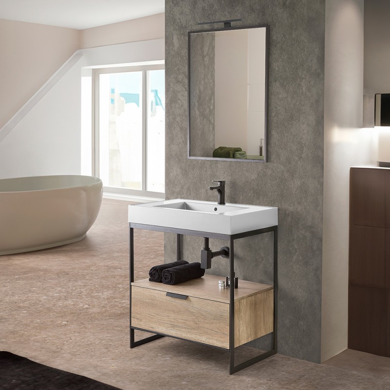 Mobile bagno a terra 75 cm nero con lavabo bianco e specchio Kubic