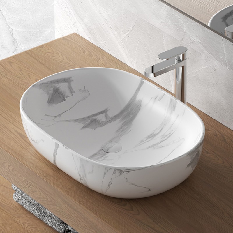 Lavabo da appoggio ovale 60x41 cm effetto marmo bianco Tokyo