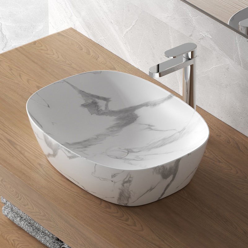 Lavabo da appoggio ovale 50x38 cm effetto marmo bianco Tokyo