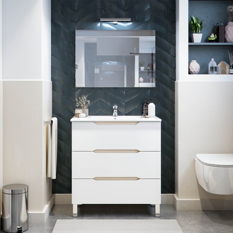 Mobile bagno da terra 80 cm bianco e rovere con top e specchio Brillo