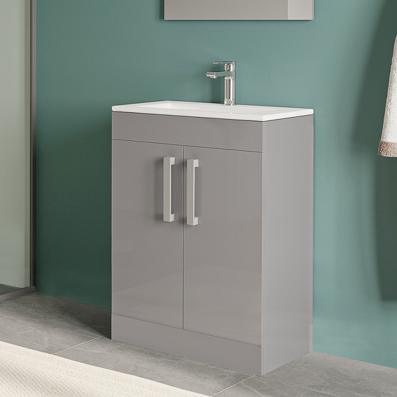 Mobile bagno da terra 60 cm in legno MDF Grigio Lucido 2 ante Poket