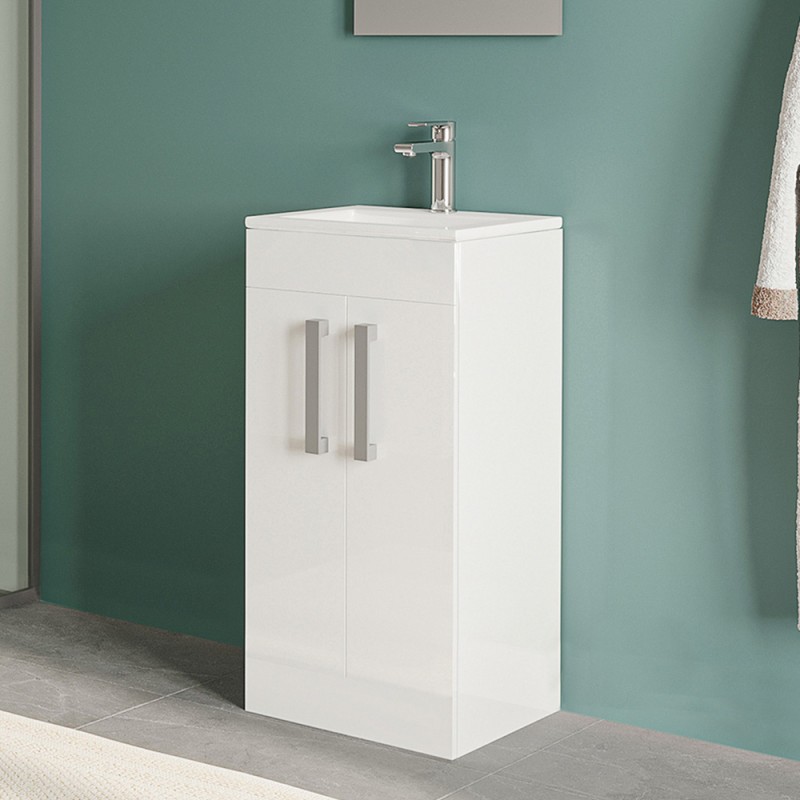 Mobiletto bagno da terra 40 cm in legno MDF Bianco 2 ante Poket