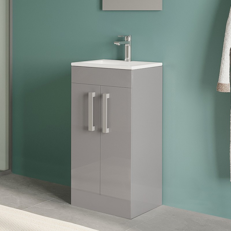 Mobiletto bagno da terra 40 cm in legno MDF Grigio Lucido 2 ante Poket