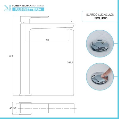 Scheda tecnica rubinetto lavabo alto Kubo