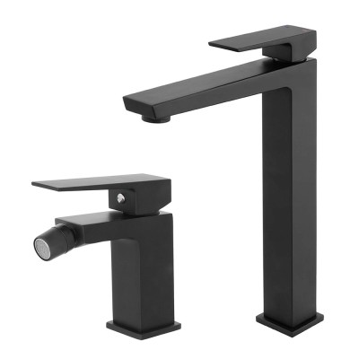 Set di rubinetti lavabo alto e bidet nero opaco con piletta Kubo