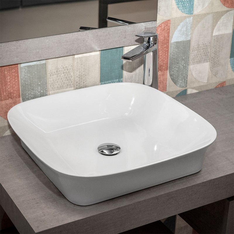 Lavabo da appoggio 50x50 quadrato in ceramica bianco lucido