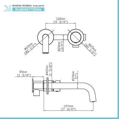 Scheda tecnica Set miscelatori lavabo a muro e bidet satinato senza leva Gemini