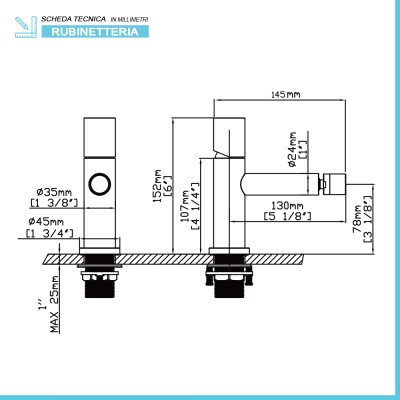 Pagina tecnica Set miscelatori lavabo a muro e bidet satinato senza leva Gemini