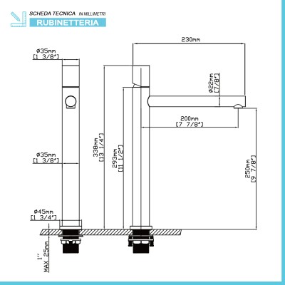 Scheda tecnica Miscelatore lavabo alto cromo senza leva in acciaio inox Gemini