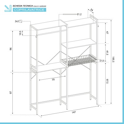 Scheda tecnica Scaffale sopra lavatrice bianco con ripiani e cestello in kit di montaggio