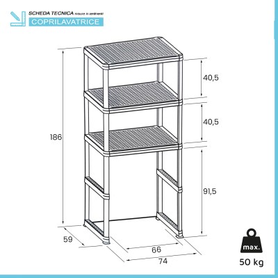 Scheda tecnica Scaffale sopra lavatrice bianco con 3 ripiani in kit di montaggio