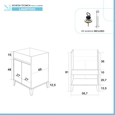 Scheda tecnica Mobile lavatoio 60x50 bianco lucido Way con vasca in ceramica Dolomite