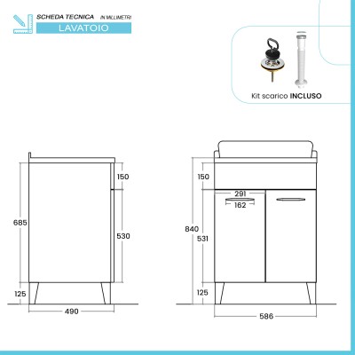 Scheda tecnica Mobile lavatoio 60x50 grigio calce Moon con vasca in ceramica Dolomite