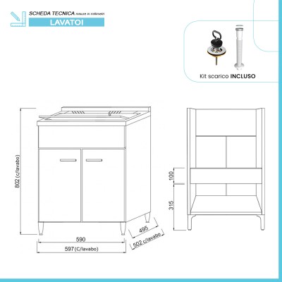 Scheda tecnica Mobile lavatoio 60x50 rovere bianco Moon con vasca in ceramica Dolomite