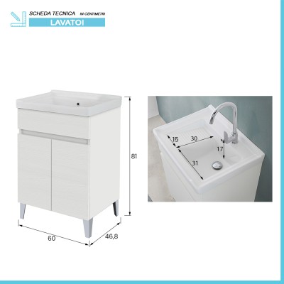 Scheda tecnica Mobile lavatoio 60x46,8 cm bianco frassinato con vasca in ceramica bianca