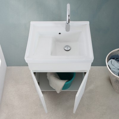 Ante aperte Mobile lavatoio 60x46,8 cm bianco frassinato con vasca in ceramica bianca