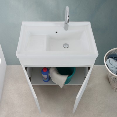 Ante aperte Mobile lavatoio 79x46,8 cm bianco frassinato con vasca in ceramica bianca