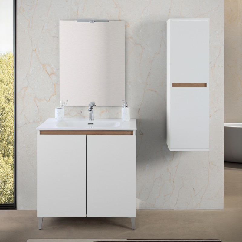 Mobile bagno a terra 80 cm bianco e rovere con 2 ante soft-close Kleo