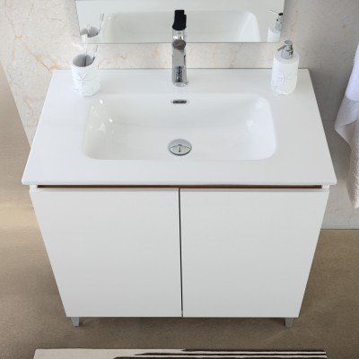 Frontale Mobile bagno a terra 80 cm bianco e rovere con 2 ante soft-close Kleo