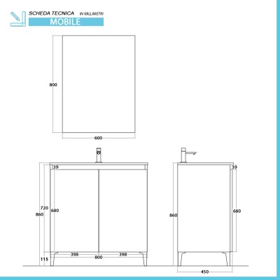 Scheda tecnica Mobile bagno a terra 80 cm bianco e rovere con 2 ante soft-close Kleo